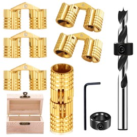 8PCS 8mm Hidden Brass Barrel Hinges with 8mm Drill Bit and Depth Stop Collar, 180 Degree Opening Angle Concealed Furniture Small Hinges for Wooden Box, Jewelry Box, Ring Box, DIY Hand Craft
