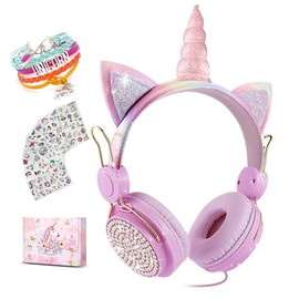 SVYHUOK Kids Headphones for Girls Children Teens,Cute Cat Ear Wired Headphones Microphone 3.5mm Jack, Over On Ear Headset for School Birthday Xmas Gift (Princess Pink)