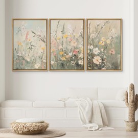 SIGNWIN Framed Canvas Print Wall Art Set Soft Pastel Wildflower Neutral Botanical Illustrations Modern Art Decorative Chic Contemporary for Living Room, Bedroom, Office - 24"x36"x3 Natural