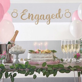 Pre-Strung Engaged Banner - NO DIY - Gold Glitter Wedding Engagement Bridal Shower Banner - Pre-Strung on 10 ft Strands - She Said Yes, Bride to Be, Happy Engagement Party Decorations - No DIY