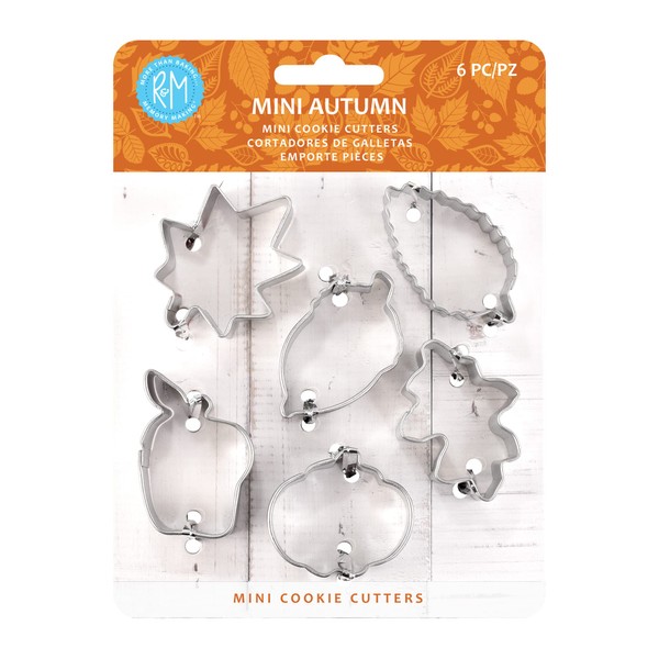 R&M International Mini Autumn Leaf Cookie Cutters, Acorn, Pumpkin, Oak, Maple, Aspen, Apple, 6-Piece Set in Gift Tin