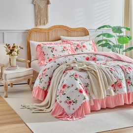 Flower Comforter Set Twin Size 68 * 86in - White Pink Floral with Green Leave Style -3 Pieces Shabby Chic Farmhouse Bedding with Ruffled Fringe Rustic Lightweight Fluffy Ruffle Comforter with Shams