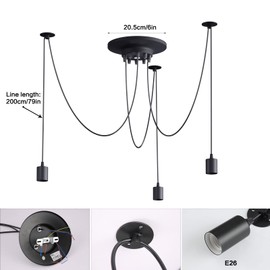 Fuloon Vintage Edison Multiple Ajustable DIY Ceiling Spider Lamp Light Pendant Lighting Chandelier Modern Chic Industrial Dining Without Romote Control (3 Head Cable 200cm/78.7inch ) (3 Head)