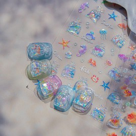 Summer Nail Art Stickers 5D Embossed Jelly Shell Starfish Nails Stickers Cute Dolphin Mermaid Nail Art Design Summer Sea Theme Decals Self Adhesive Nails Supplies for Women Manicure Decoration