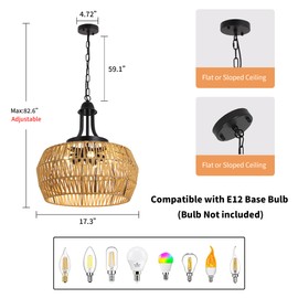 GDFFZM Farmhouse Chandelier for Dining Room 5-Light Boho Rattan Chandelier Light Fixture Ceiling Hanging Pendant Lighting Kitchen Island Bedroom Living Room Nursery