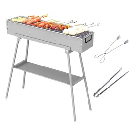 Portable Charcoal Grills, Stainless Steel BBQ Grill with Foldable Stand Adjustable Air Vents, Kebab Skewer BBQ Barbecue Grill Kit for Garden Backyard Party Picnic Travel Outdoor BBQ Use (31.6x7.1inch)