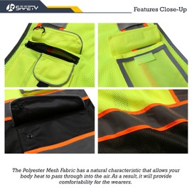 JKSafety 9 Pockets High Visibility Dual Color Zipper Front MESH Lite Safety Vest | Orange Color Triming Reflective Strip | ANSI/ISEA Standards (100-Yellow-Black, L)