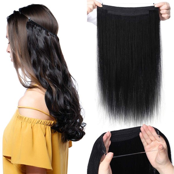 Tess Real Hair Extensions, 1 Weft Double Thickness Wire, Complete Hair Extensions, Smooth, Straight Hair Extensions 45 cm #1 Black