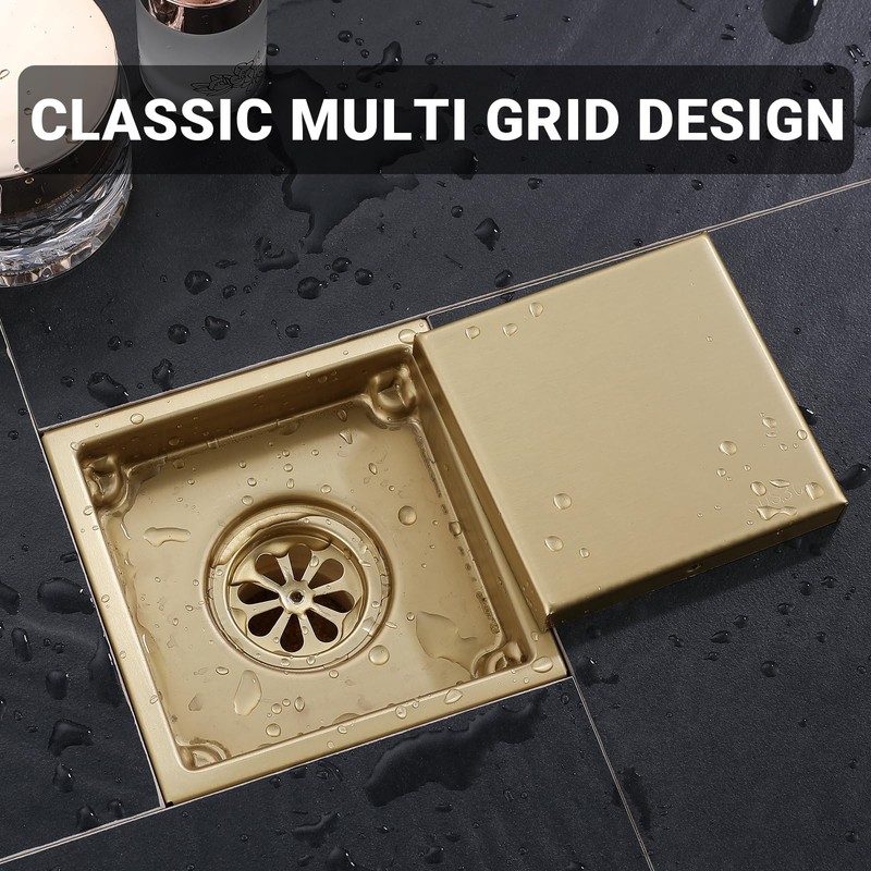 4 Inch Gold Shower Drain, SUS304 Stainless Steel Square Bathroom