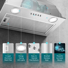 Zomagas Range Hood Insert 20 Inch, Built-in Kitchen Hood 600CFM, Ducted/Ductless Convertible, Vent Hood Insert w/Mesh Filter, Push Button Control, Stainless Steel Range Hood w/ 3 Speed Fan