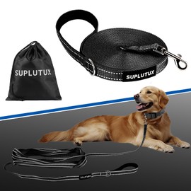 SuplutuX Dog Training Leads, Long Line Dog Lead with Reflective Strip, Durable & Lightweight Training Lead for Dogs, Perfect for Recall, Obedience & Outdoor Activities (Black, 20m/65ft)