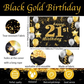 POPOYU Banner 21st Birthday Woman XXL, 21st Birthday Banner Gold Black, Birthday Poster 21 Years, 21st Birthday Man Banner & Large, Decoration 21st Birthday Banner for Men Women Birthday Party