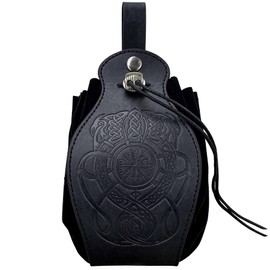 Medieval Viking Belt Pouch Black Faux Leather Belt Bag Retro Portable Drawstring Purse Renaissance Dice Bag for LARP Ren Faire