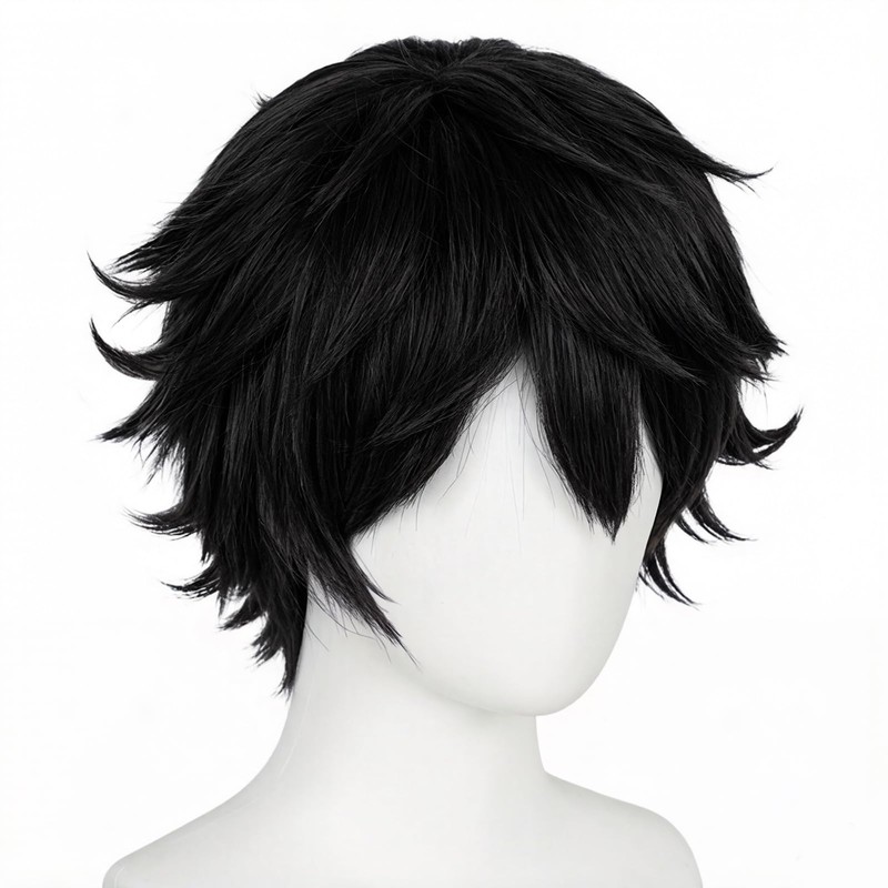 TIKJOYS Short Black Layered Wig for Men Fluffy Wig Black
