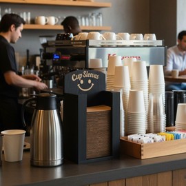 Coffee Cup Sleeve Holder – Black Hot Cup Dispenser for Wall or Counter – Coffee Station Organizer Wood for Home, Kitchen, Café, Restaurant