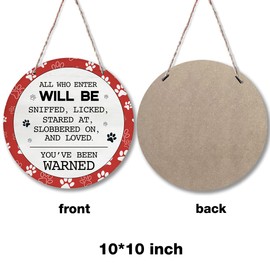 Yuzi-n All Who Enter Will be Sniffed Licked Stared at Wood Wreath Sign for Front Door, 10" Circle Sign for Wreaths, Rustic Dog Round Wreath Hanging Sign Plaque Wooden Door Hanger Wall Decor