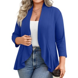 Anymiss Women's Plus Size Cardigan 2025 Spring Summer 3/4 Sleeve Kimono Light Weight Dress Open Front Shrug Royal Blue XL