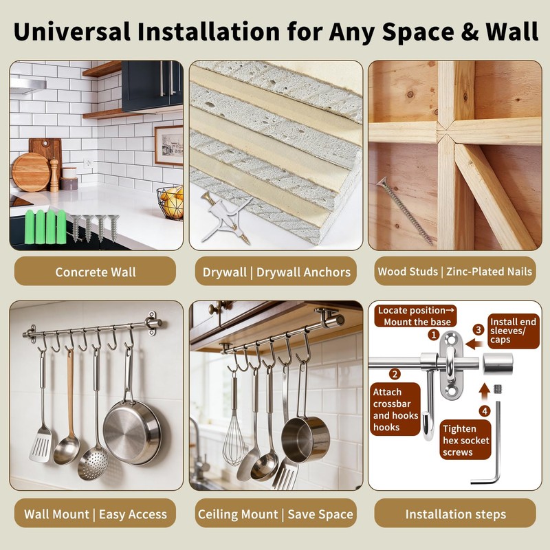 Funnacle 20" Kitchen Utensil Rack with 8 Sliding Hooks, 304