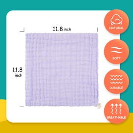 MUKIN Baby Muslin Washcloths, Natural Cotton, Soft Newborn Face Towel, 5 Pack, 12 x 12 inches (White,Pink,Yellow,Purple)