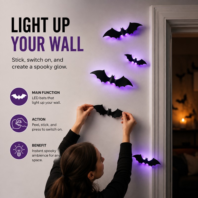 LED 3D Halloween Bat Wall Decorations – Light-Up Bendable Flying