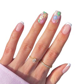 24PCS Short Square French Press On Nails With Daisy Floral Design, White Tip Fake Nails With Jelly Glue, Stick-On Acrylic Artificial Nails For Women, Long-Lasting Removable Nail Art Set