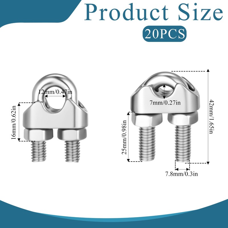 20 PCS M10 3/8" Wire Rope Cable Clip Clamp, 304