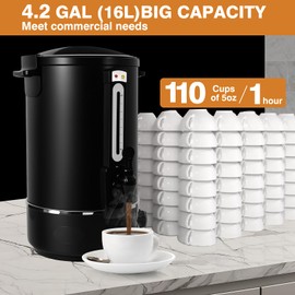 Hijolla Commercial Coffee Urn，110 Cups/16.5L Black Stainless Steel Large Coffee Dispenser，Double Wall Electric Coffee Urn，Electric Coffee Maker Urn，Commercial Percolate Coffee Maker Hot Water Urn