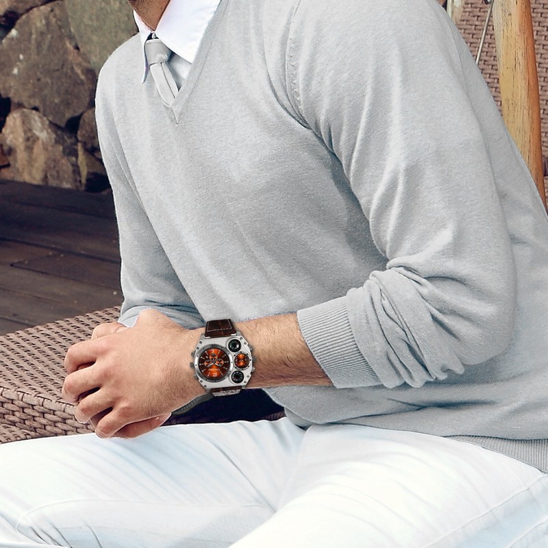 Lancardo Cool Watches for Men: Oversize Steampunk Dual Time Zone