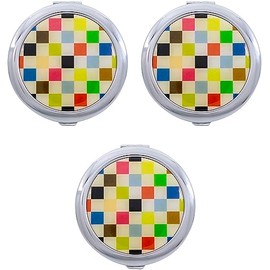 Stephanie Imports Set of 3 Double Sided Magnifying Round Compact Mirrors with Printed Insert (Colorful Checkered Pattern)