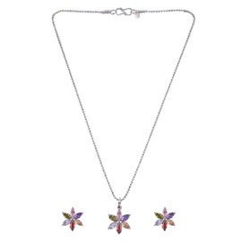 Efulgenz Bridal Silver Tone Multicolor Crystal Cubic Zirconia Flower Pendant Chain Necklace Earrings Jewelry Set for Women Bride Bridesmaids, Metal crystal Rhinestone Stone, Cubic Zirconia