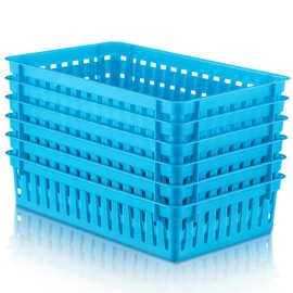 Wenqik 6 Pack Small Plastic Baskets for Organizing, 10 x 6.5 x 2.4 Inch Rectangle Mesh Storage Bins, Flat Drawer Organizer Trays for Classroom, Desk, Office, Medication & Shelves(Blue)