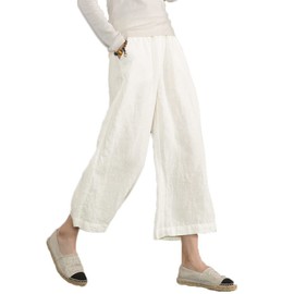 ECUPPER Womens Casual Loose Elastic Waist Cotton Trouser Cropped Wide Leg Pants White 12-14