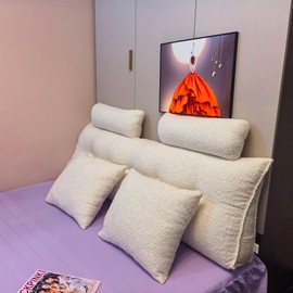 SRXBYWS Headboard Pillow Queen Bed Wedge Pillow,Backrest Pillows,Featuring Two Neck Pillow and Two Body Pillow,for Sitting in Bed Backrest Positioning Support,Sofa Bed/Teddy Velvet/Beige