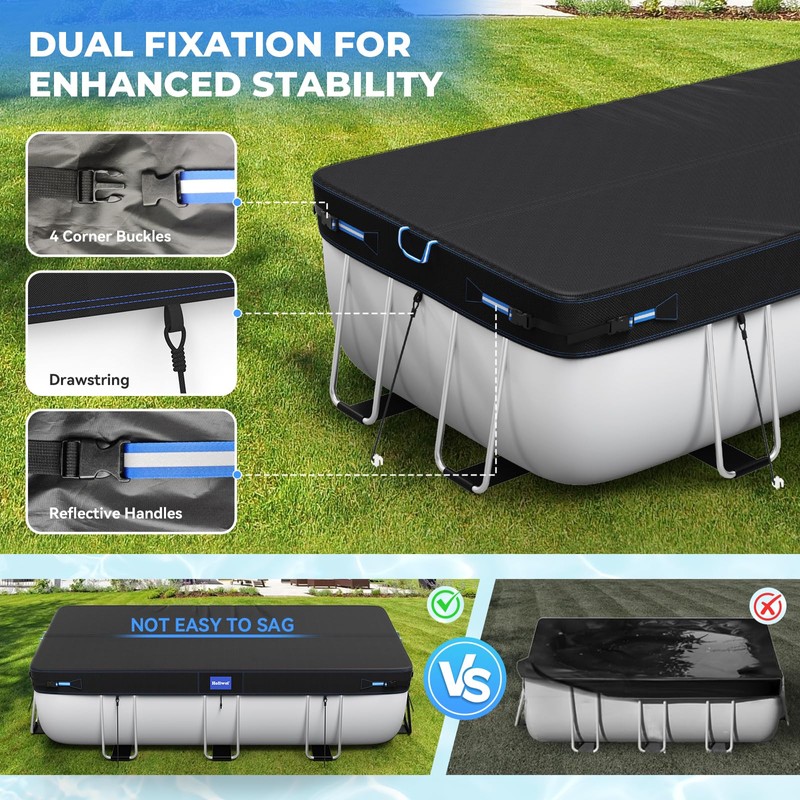 Holiwei 12x18 Ft Rectangular Pool Cover with Reflective Strips for