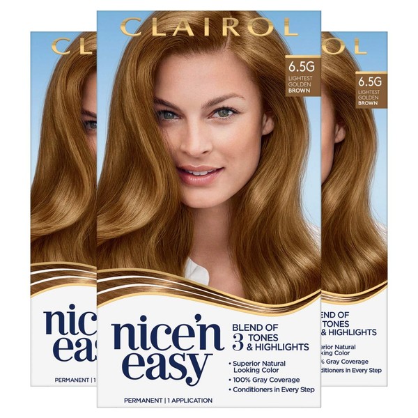Clairol Nice'n Easy Permanent Hair Dye, 6.5G Lightest Golden Brown Hair Color, 3 Count