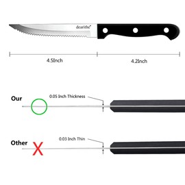 dearithe Steak Knives Set of 6, Black Full-Tang Triple Rivet Serrated Stainless Steel Sharp Blade Flatware Steak Knife Set, 4.5 Inches, For Restaurant Kitchen Camping, Dishwasher Safe