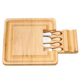 Cortesi Home Handi Natural Bamboo Cheese Serving Board Table Set with 4 Stainless Steel Knives, 13.25", Brown