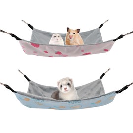 Reshiho 2PCS Summer Fall Guinea Pig Hammock - Ice Silk & Plush Dual Sided Breathable Cooling Small Animal Bed,Cage Accessories for Small Pets,Ferrets,Sugar Gliders,Squirrels（Blue + Pink）