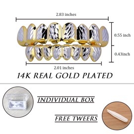 18K Gold Plated Hip Hop Diamond Cut Rugged 8 Teeth TOP and Bottom Grillz Set (Gold&Silver)