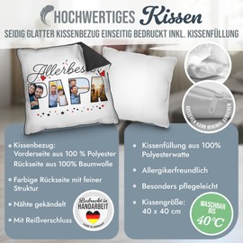 PR Print Royal Personalisiertes Kissen für den allerbesten Papa - mit Collage für 4 Fotos gestalten - Vatertagsgeschenk, Geburtstag, inkl. Füllung, Rückseite Schwarz, 40 x 40 cm