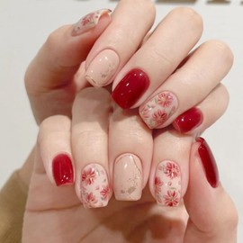 Women Press on Nails Square Short Nail Press ons Red Fake Nails Artificisl Manicure 24Pcs Light Pink Glue on Nails with Flower Lines Designs Glossy Acrylic Stick on Nails