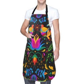 Fenmshairy Mexican Flower Bib Apron with 2 Pockets, Adjustable Waterproof Chef Apron for Adult Kitchen Cooking Baking BBQ