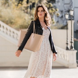 FLAIRFOLIO Tote Bag for Women Large Capacity High-End Fashion Shoulder Purse Handbags Work Laptop Travel Teacher Zip Pouch (Taupe)