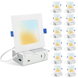 HONZIN 12 Pack 4 Inch Square Recessed Lighting, 5CCT Ultra Thin Square Recessed LED Downlight with Junction Box, 2700K/3000K/3500K/4000K/5000K Selectable, Dimmable,12W, Canless IC Rated, White Trim