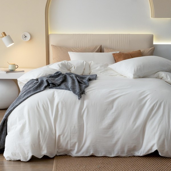 JIYUAN 100% Washed Cotton Duvet Cover Set Comfy Simple Style