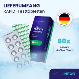 AQUANEXO DPD1 Rapid Tablets, Test Tablets for Pool Chlorine, DPD 1 Tablets, Selectable: 60/120/180/240x, Pool Test Tablets Chlorine, Pool Tester, Measuring Tablets Pool Tester, Pool Accessories (60)