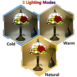 Crefotu Tiffany Style Table Lamp, 3 Color Temperatures Bedside Lamp, 8 Inch Stained Glass Desk Light for Home Office Bedroom Living Room (Three Flower Pattern)