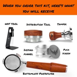 54mm Breville Espresso Machine Tools Kit by KNODOS: Calibrated Tamper, Bottomless Portafilter, WDT Tool, Dosing Funnel, Puck Screen and Distribution Tool Premium Barista Tools 6pcs