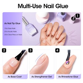 Gellen Gel Nail Glue and No Wipe Top Coat, 4 in 1 Nail Gel Glue for False Nail Tips, Acrylic Nails, Clear Press on Nails, Base Gel, Rhinestone, Glossy Top Coat for Gel Nail Polish, UV Lamp Needed