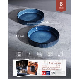 famiware Star 7.5" Pasta Bowls Set, Salad Bowl Set of 6, Double Reactive Glaze, Stackable, Perfect for Your Friend for Housewarming, Thanksgiving, Christmas, Nebulas Blue